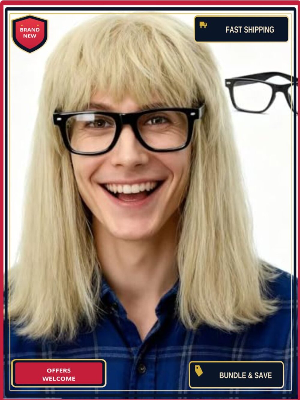 Men's Blonde Mullet Wig & Glasses Set for 80s Heavy Metal Costume